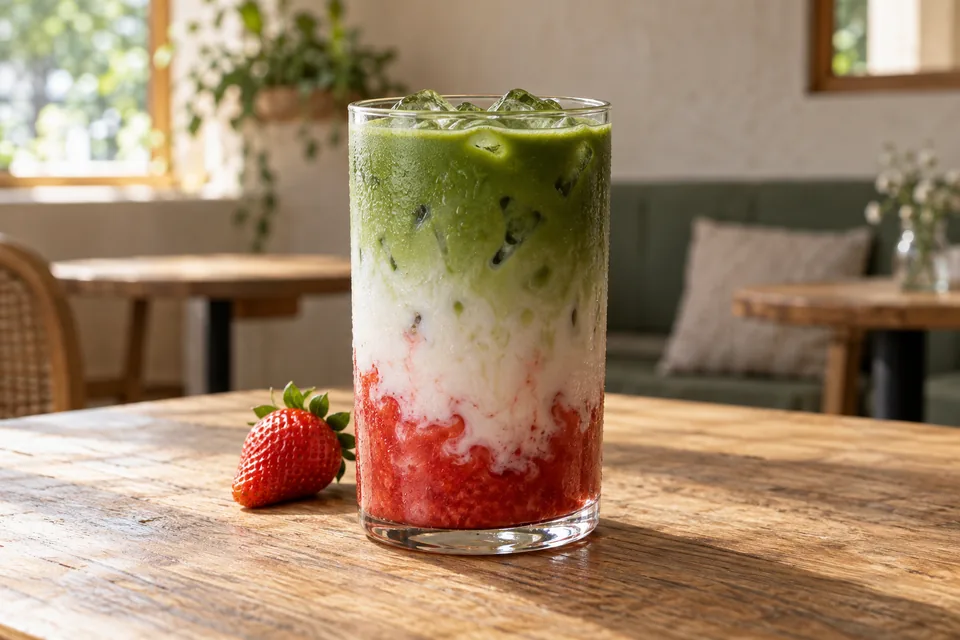 Iced Strawberry Matcha – Serviervorschlag